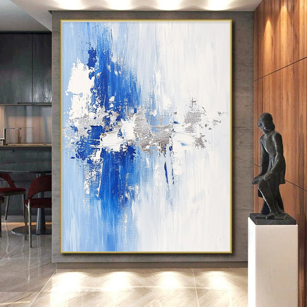 Blue and Silver Abstract Painting with Subtle Textures GER391