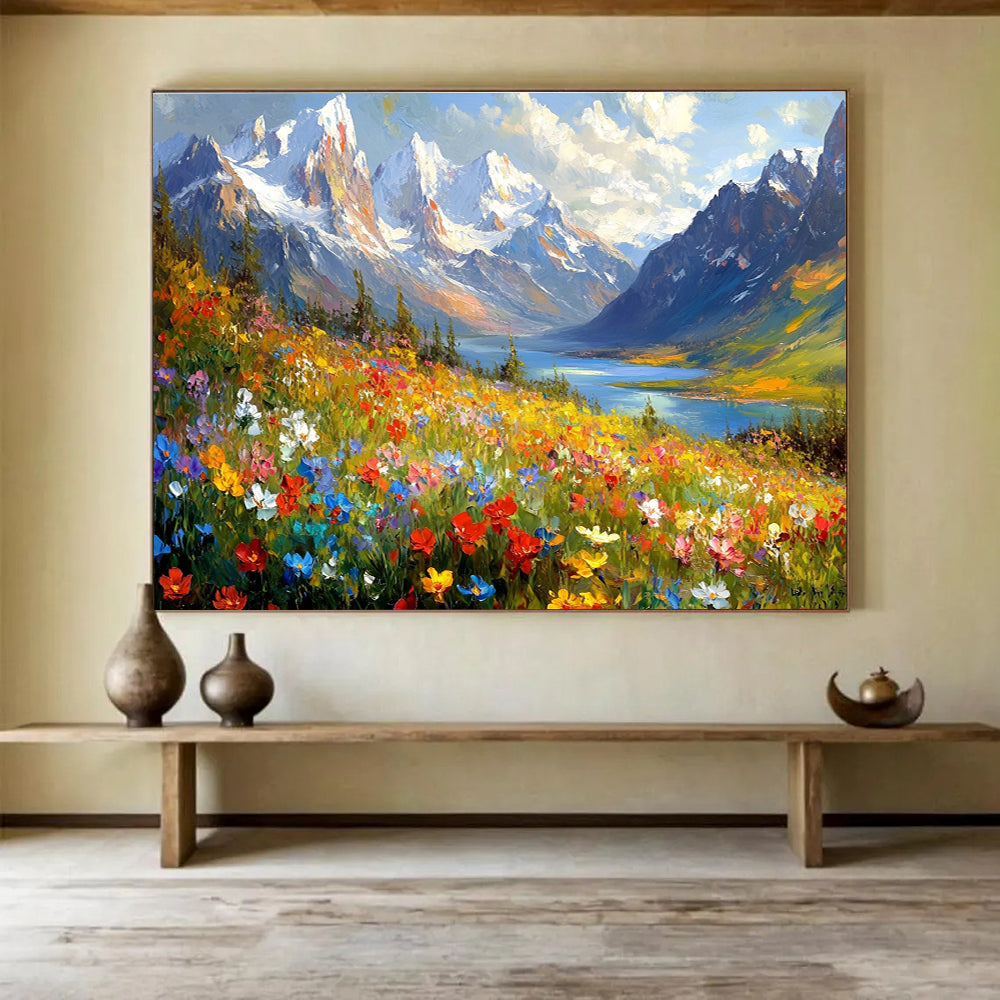 Abstract painting of vibrant wildflowers with majestic snow-capped mountains lakes and forests creating a stunning natural landscape.SC581