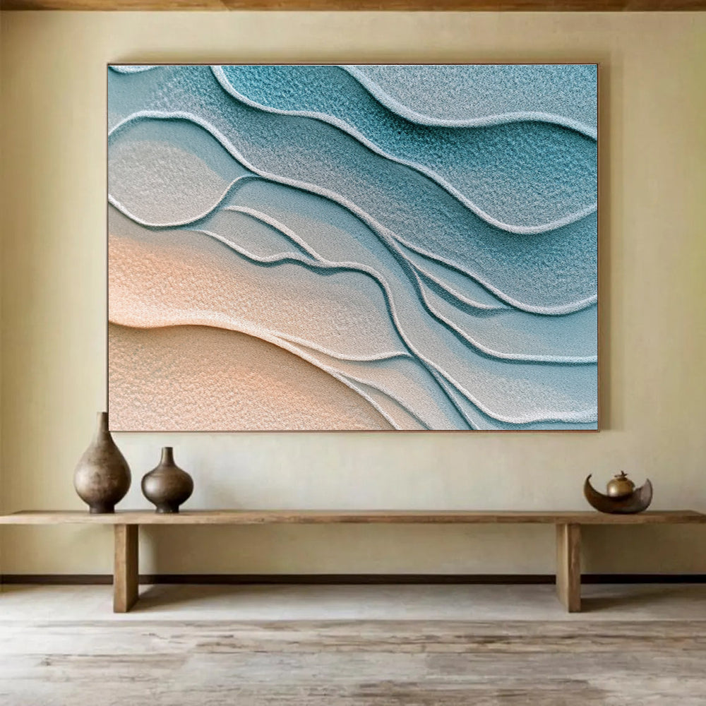 This abstract painting portrays textured Martian sand in soft light blue and gray hues, creating a serene and tranquil atmosphere with gentle ripples.SC452