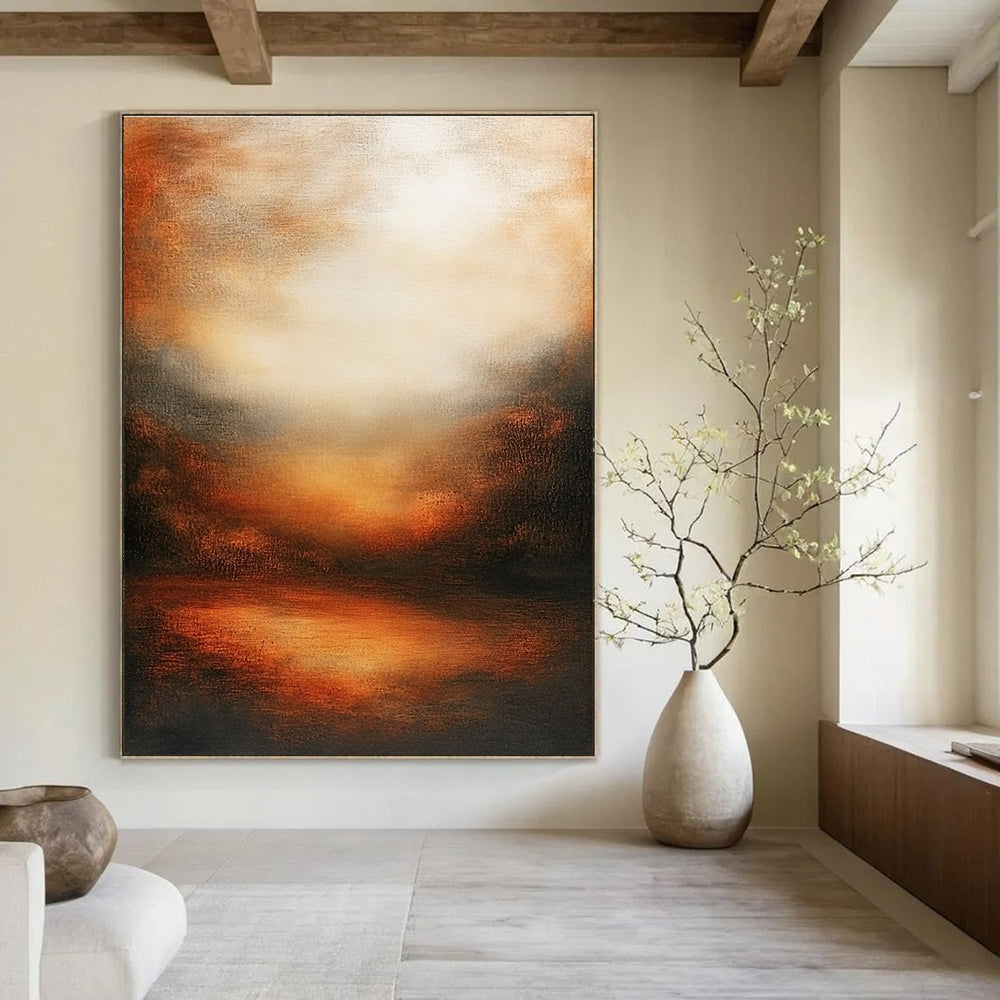 Large abstract oil painting featuring an atmospheric sunset with muted earth tones deep oranges and soft shadows evoking tranquility and harmony.STSC146