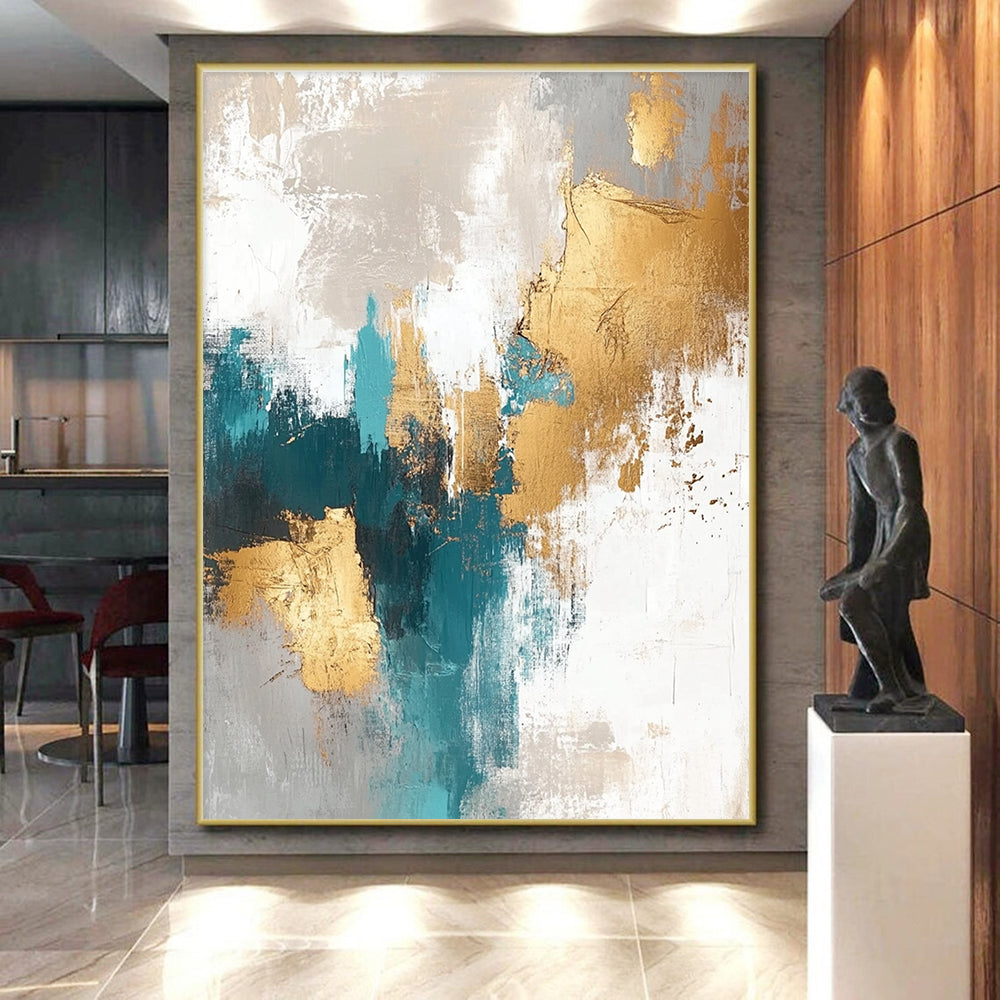 Teal - Gold Abstract with Gray, White, and Beige GER328