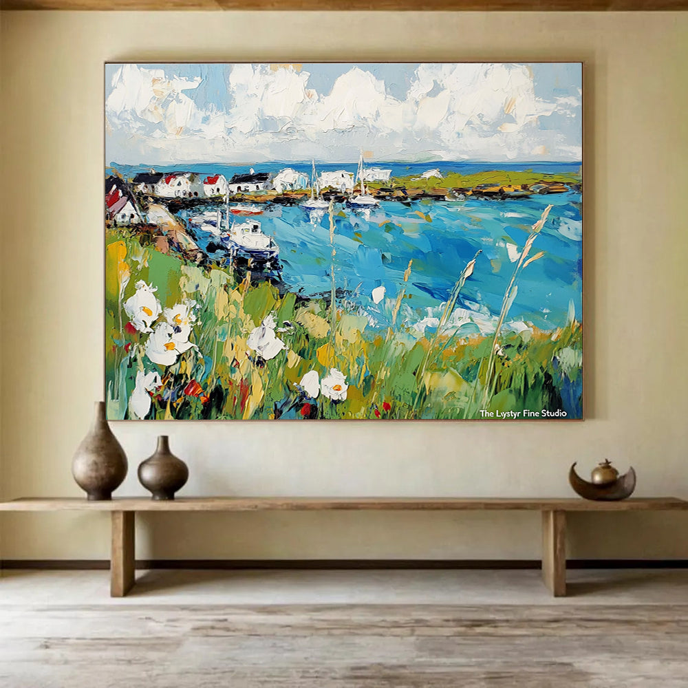 Harbor Landscape Abstract Painting with Blue, Green and White DYP118