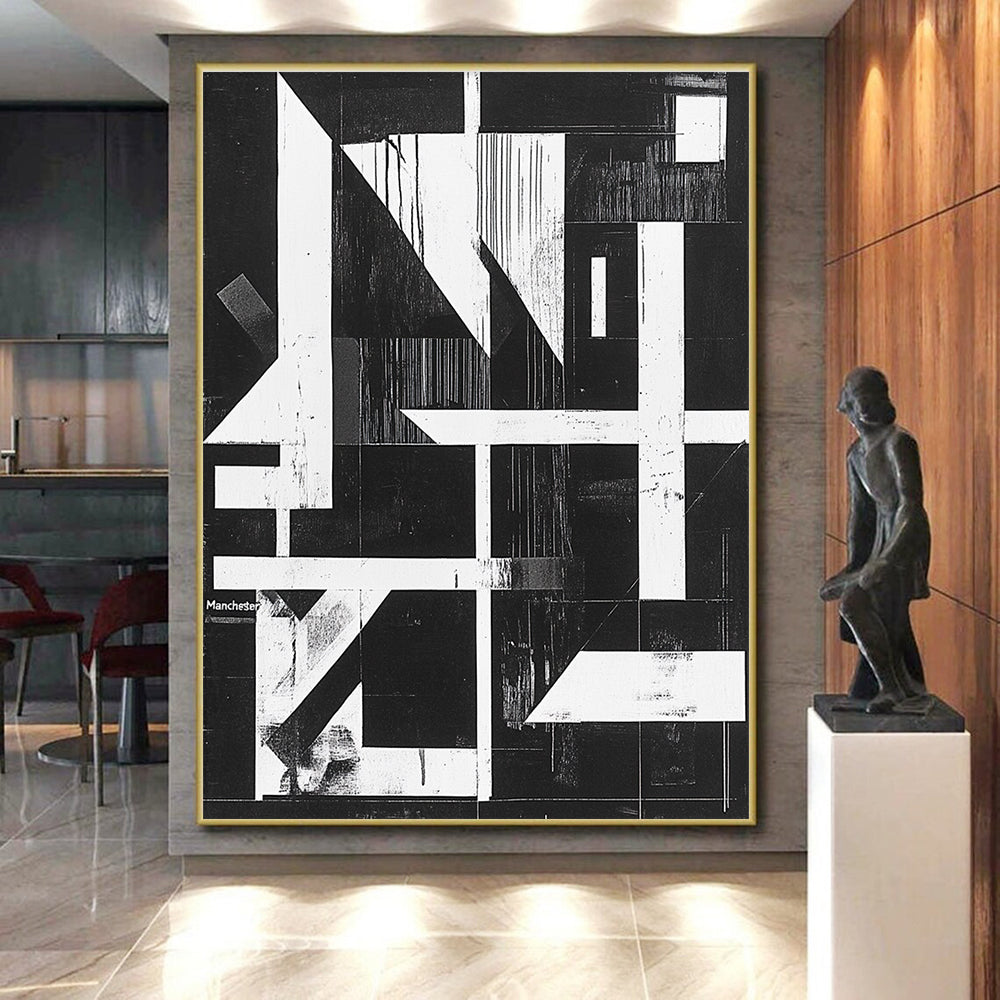 Black and White Geometric Abstract Painting with Architectural Forms GER145