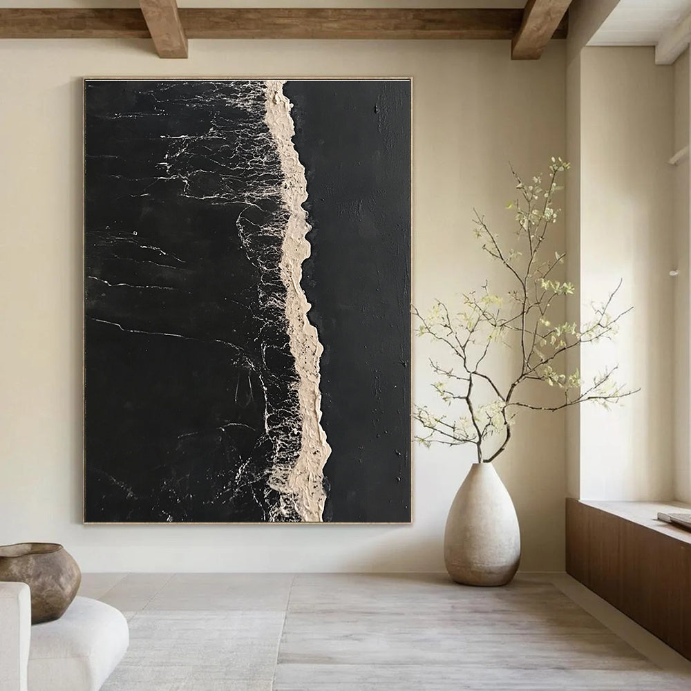 Abstract painting featuring a long white line of sea foam on dark water in a minimalist high contrast style inspired by Bawden and Sowa.STSC1044
