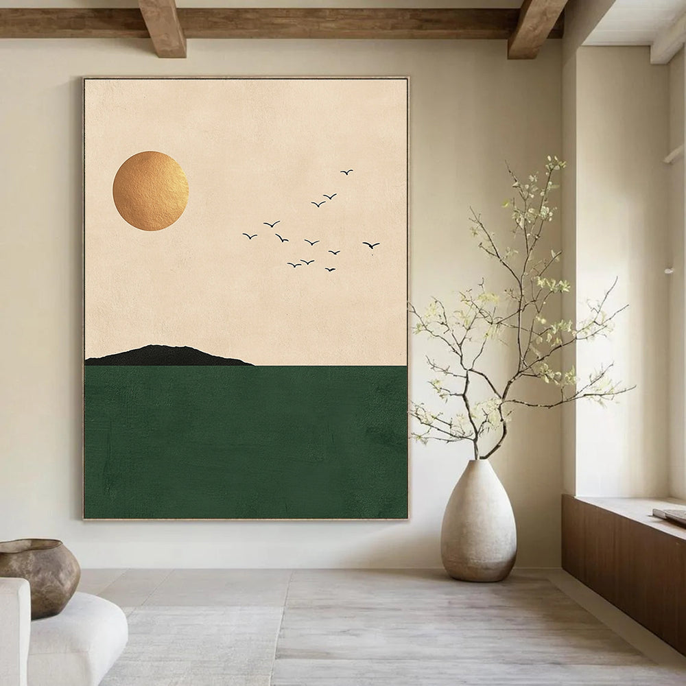 Large abstract painting featuring minimalist Japandi art with a sun and birds over a green sea in a neutral palette with gold accents.STSC1338