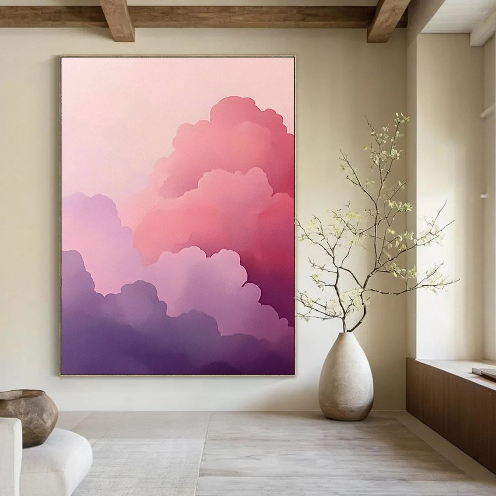 A large abstract painting featuring pink clouds in a minimalist style with soft purple and gray hues creating a dreamy atmosphere.STSC1160