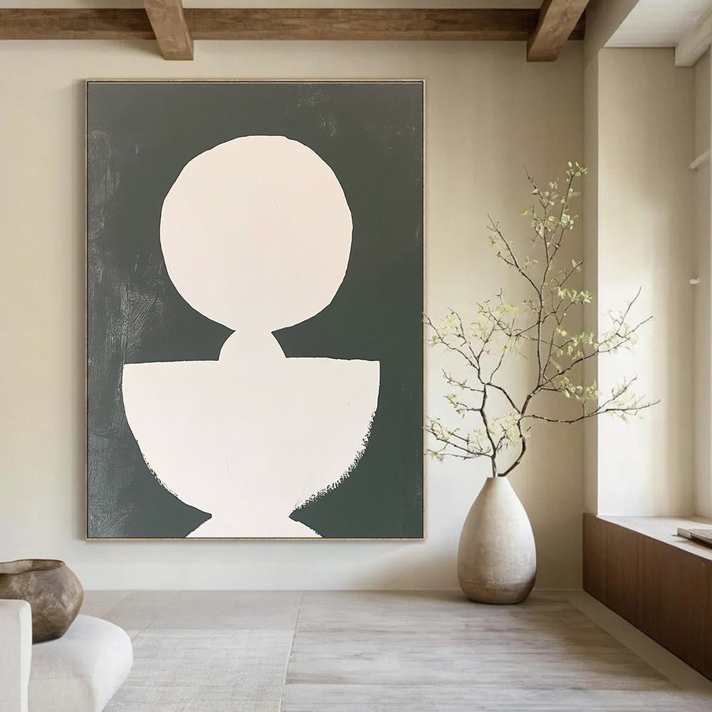 Large abstract painting featuring a white circle and an irregular shape connected by lines on a minimalist background with simple brushstrokes.STSC1250