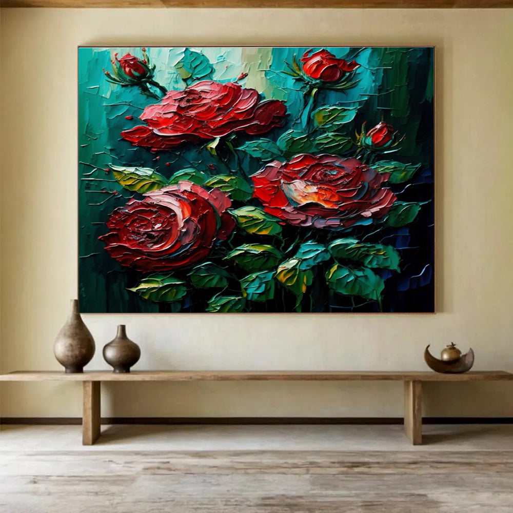 Red Rose Texture Abstract Painting with Deep Greens and Reds THY306