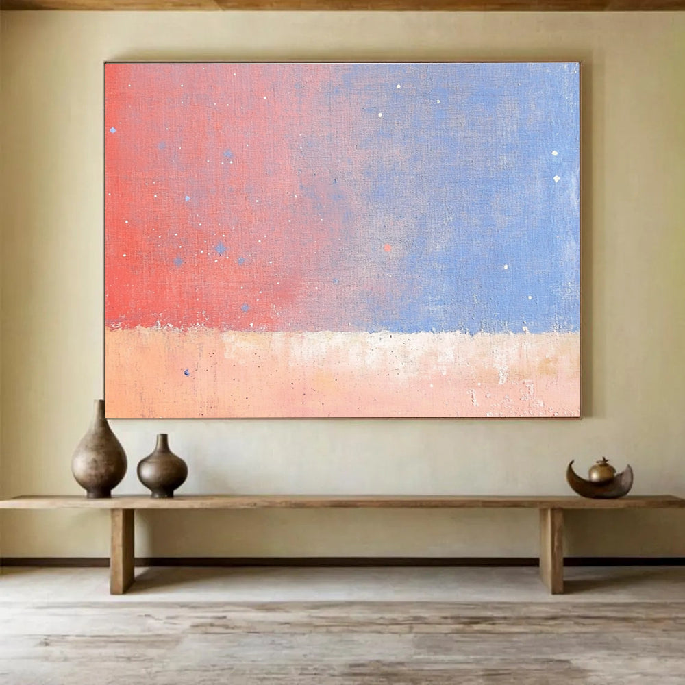 A large abstract painting depicting the sky and stars over an orange desert with soft pink and blue tones in a minimalist style.SC366