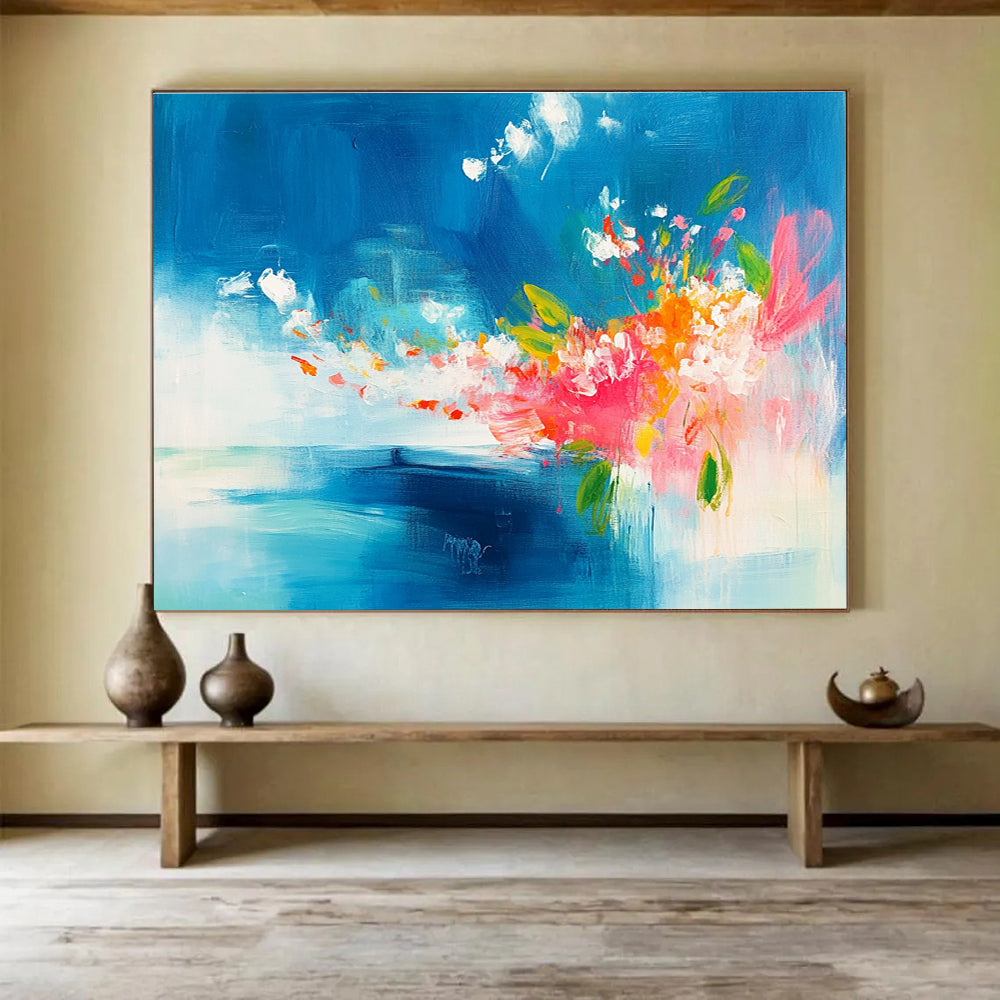 Blue and Pink Abstract Painting with Floral Burst DYP394