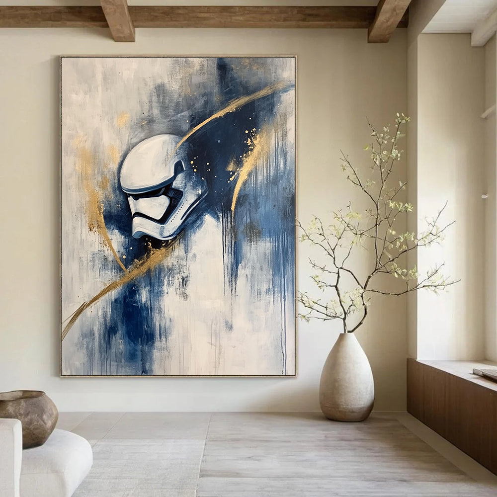 Abstract painting of a stormtrooper in action featuring white and blue tones with gold highlights in an Abstract Expressionism style on canvas.STSC667