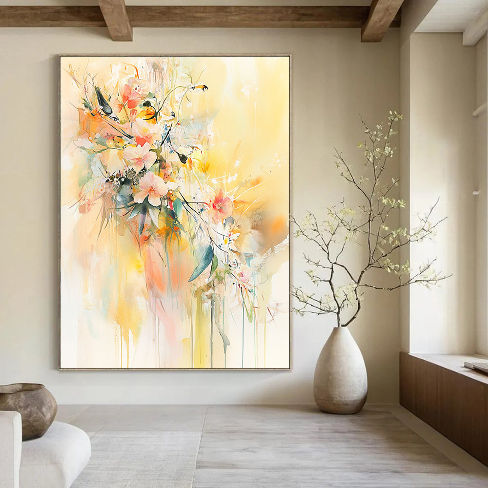 Large abstract watercolor painting featuring flowers and leaves with delicate birds on a light yellow background in soft pastel tones.STSC501