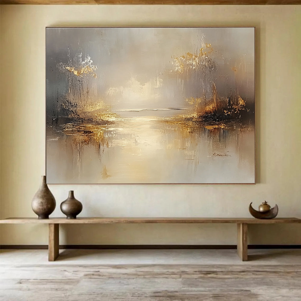 Golden Misty Landscape Abstract Painting with Reflective Elements DYP270
