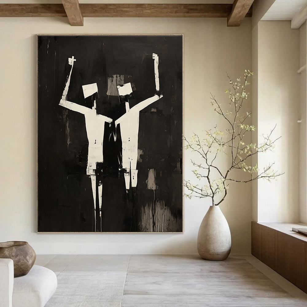 Large abstract painting featuring two figures in black and white oil, inspired by Robert Motherwell with cubist elements.STSC1145