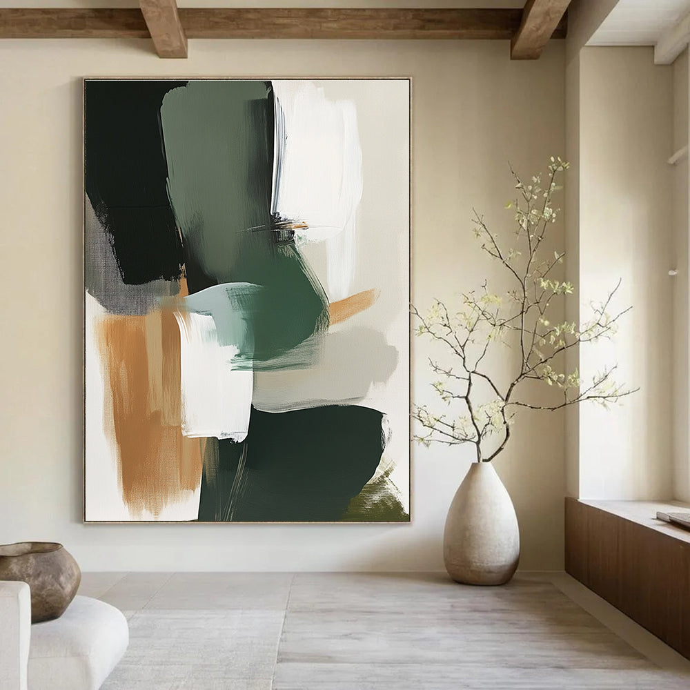 Large abstract painting featuring green grey and white tones with expressive brush strokes and organic shapes in a neutral color palette.STSC760