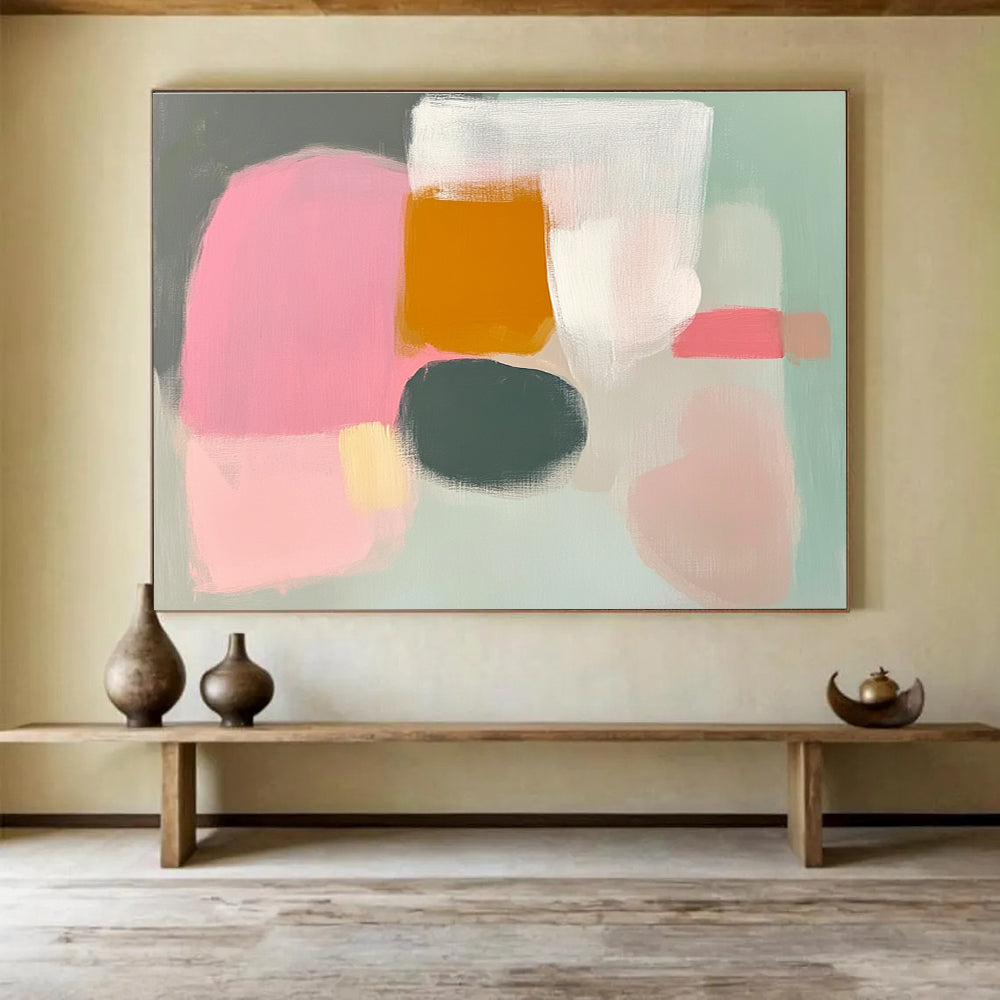 Large abstract painting in pink grey and white with loose brushwork soft pastels and negative space inspired by Etel Adnan.SC380