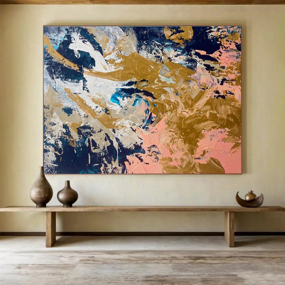 Navy Gold Pink Abstract Painting with Opulent, Contrasting Hues THY381