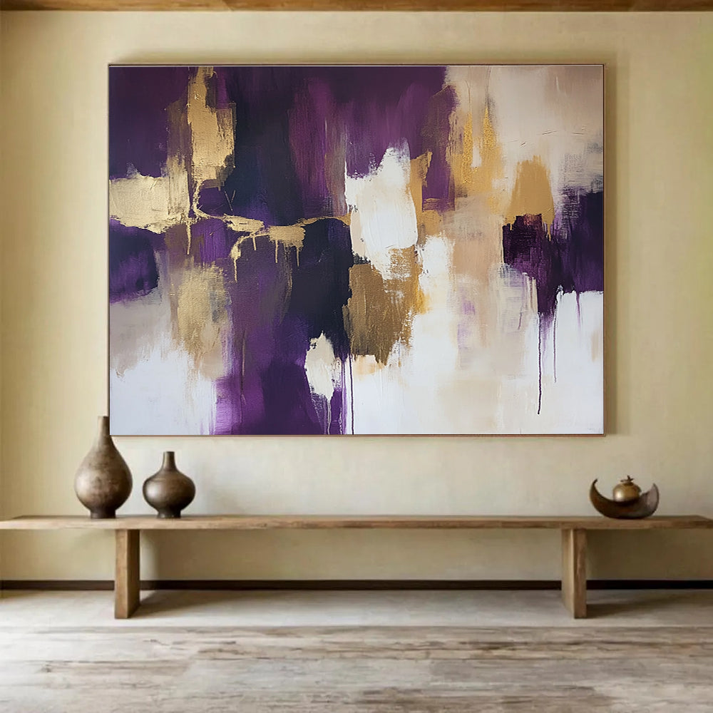 Large abstract painting with gold leaf highlights in shades of purple and beige accented by soft white edges creating a stunning composition.SC237