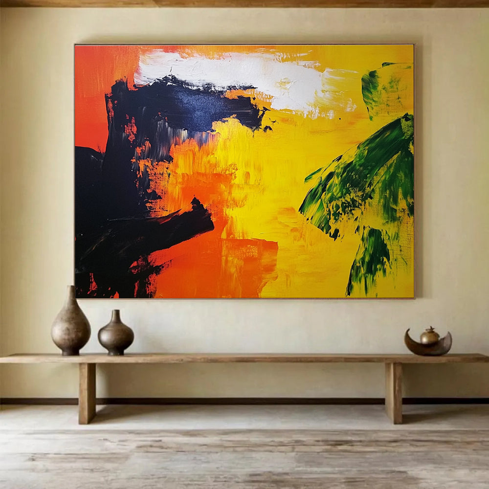 Abstract painting featuring vibrant orange and yellow landscape with bold black silhouettes and a touch of red in the corner, enhancing Expressionist style.SC166