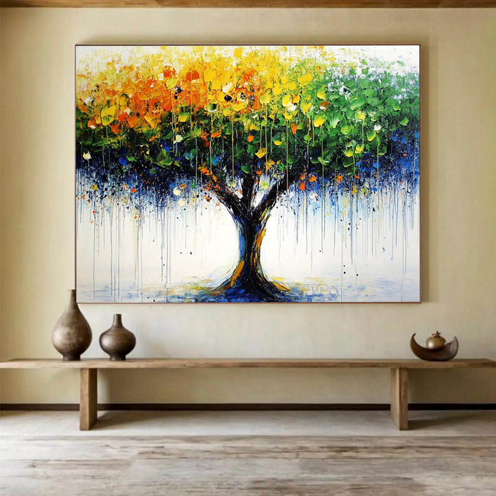Large abstract tree painting featuring bold green yellow and blue brush strokes with distant trees and raindrop-dotted leaves on a vibrant summer day.SC285