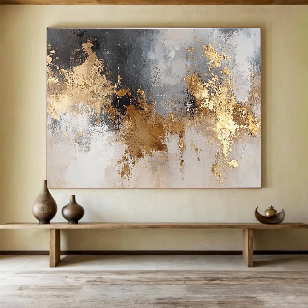 Large abstract art painting featuring gold and silver tones on a neutral background with soft textures and dreamy lighting.SC006
