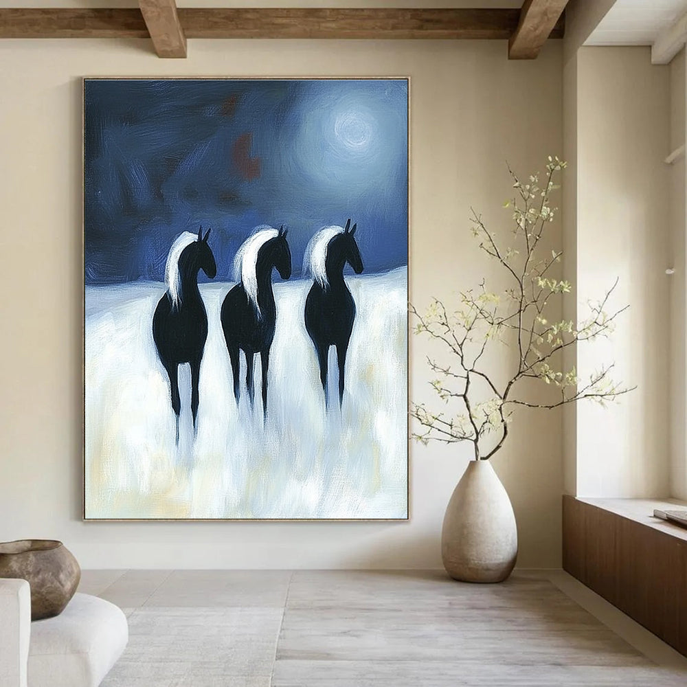 Abstract painting featuring three black horses with white manes running under moonlight on a white background in a flat two-dimensional style.STSC1443