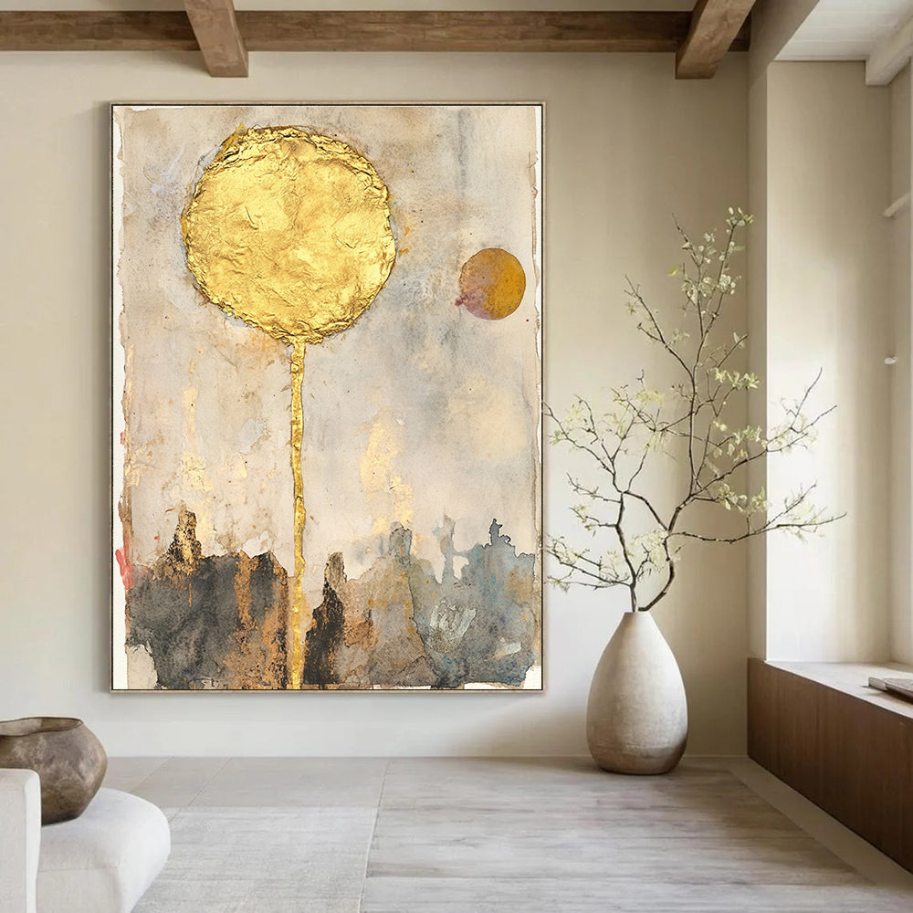Abstract artwork featuring watercolor sun with gold leaf mixed media collage vintage papers and neutral tones inspired by John Bauer.STSC1461