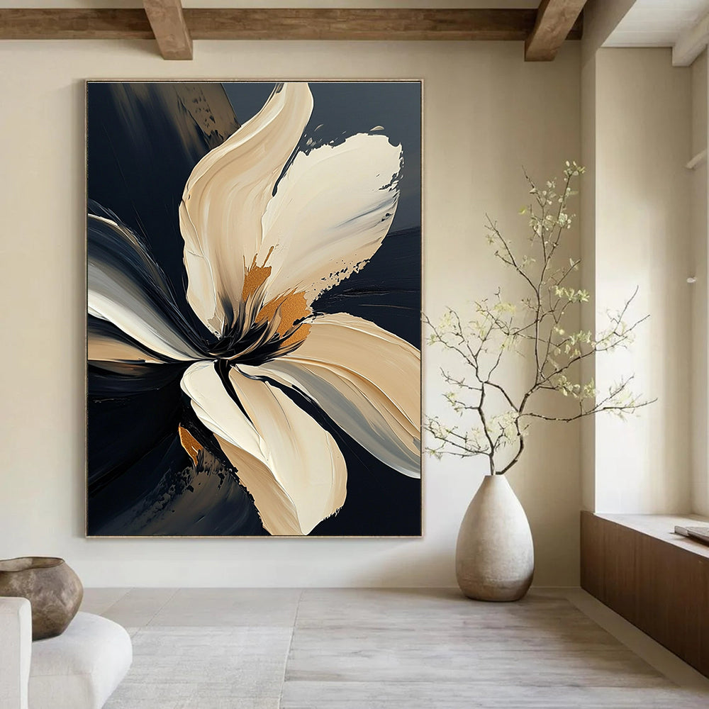 Large abstract painting of a textured white flower with bold strokes and gold accents on a dark gray background.STSC295