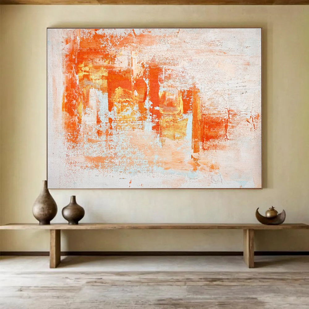 Orange White Abstract Painting with Warm, Energetic Brushstrokes THY377