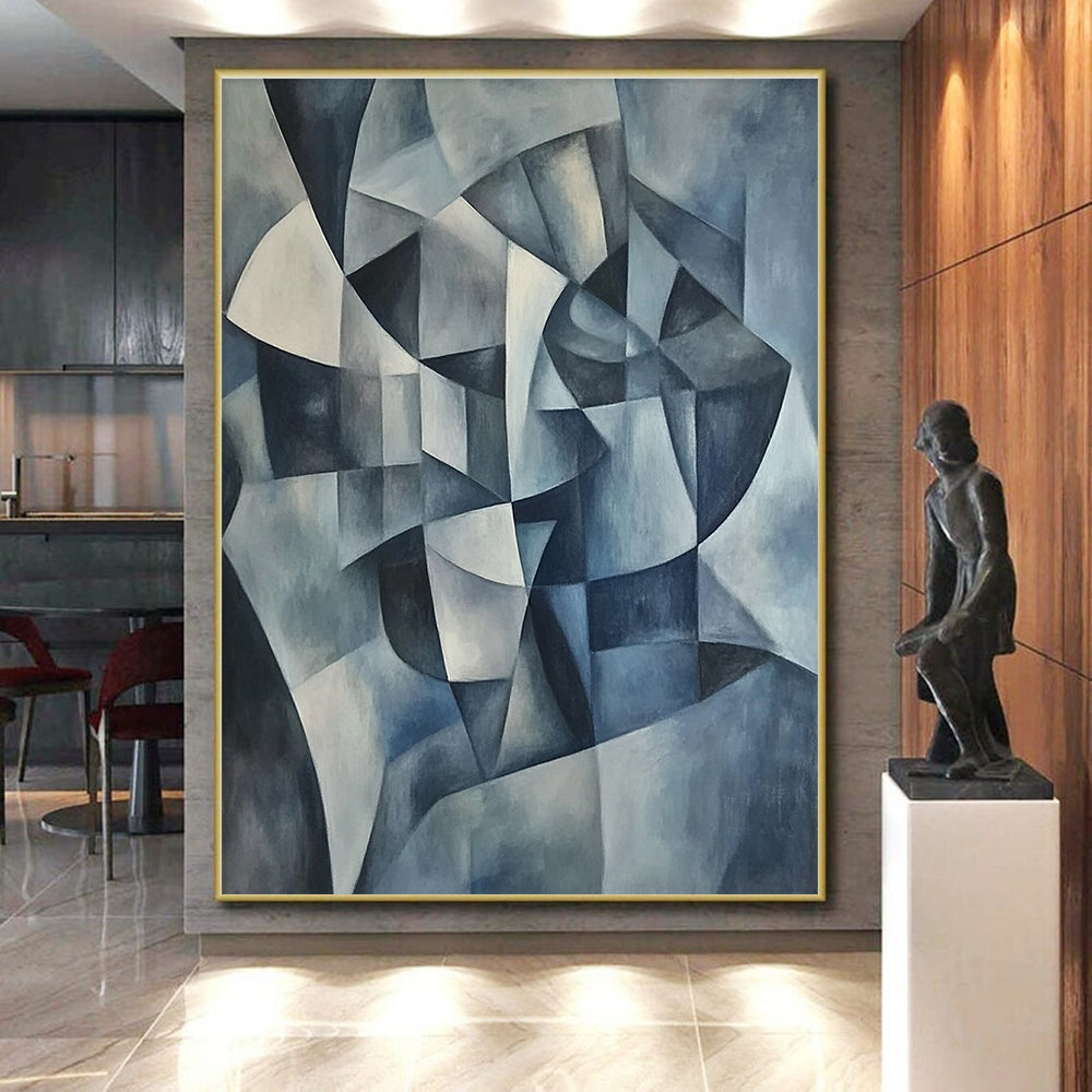 Blue Geometric Abstract Painting with Cubist Influences GER591