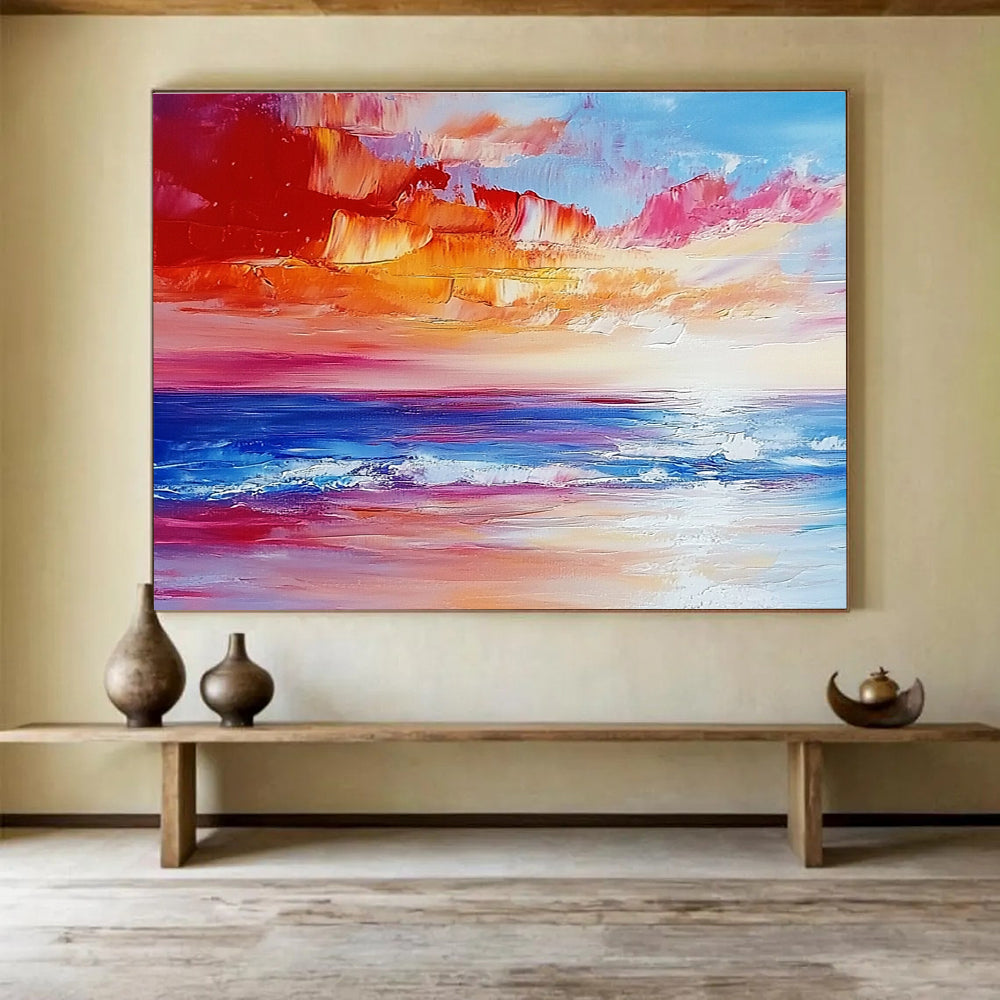 Colorful Sunset Seascape Abstract Painting with Reds Pinks and Blues DYP234