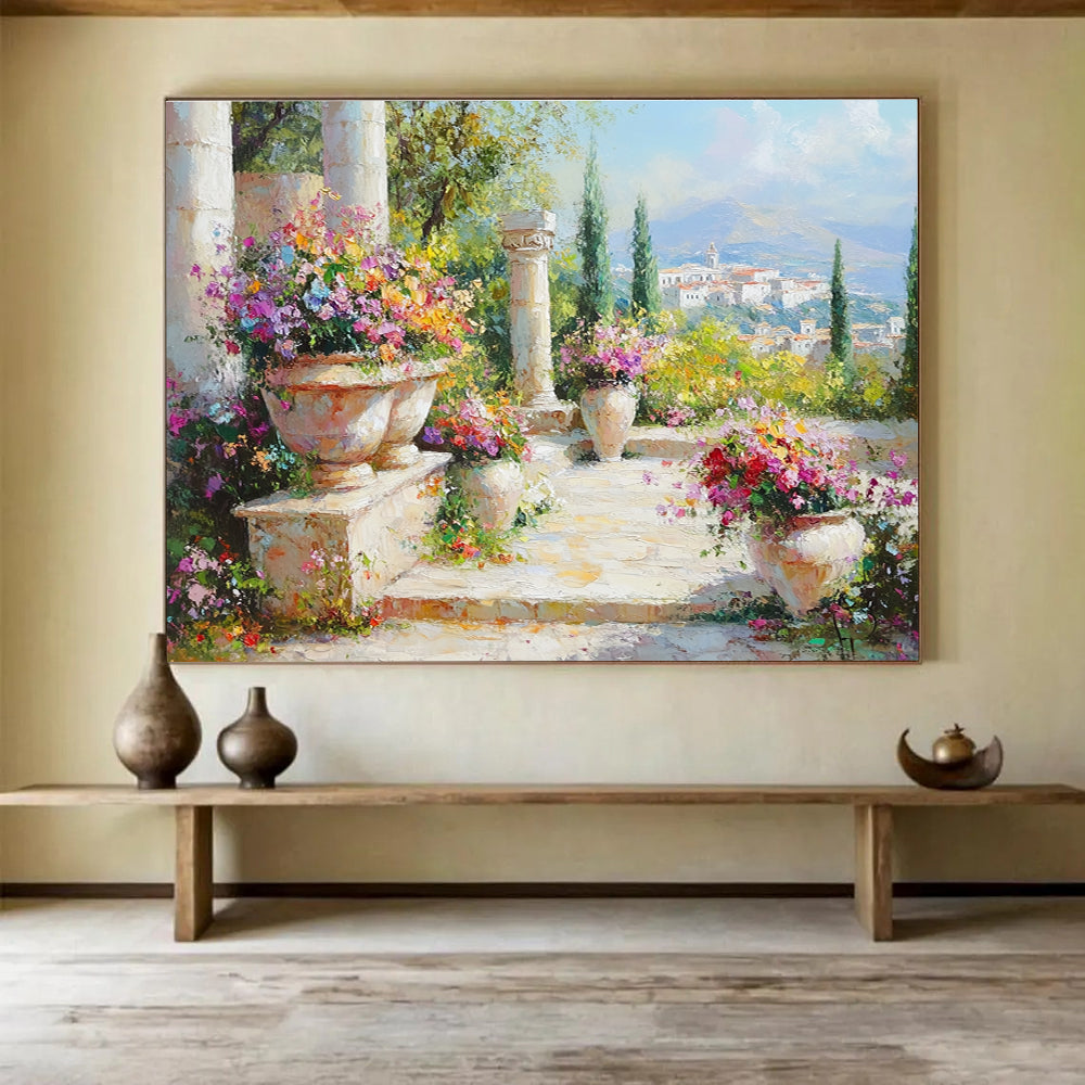 A large abstract painting featuring a vibrant garden with flowers, ancient Greek city background, and soft pastel colors in a hyper-realistic style.SC467