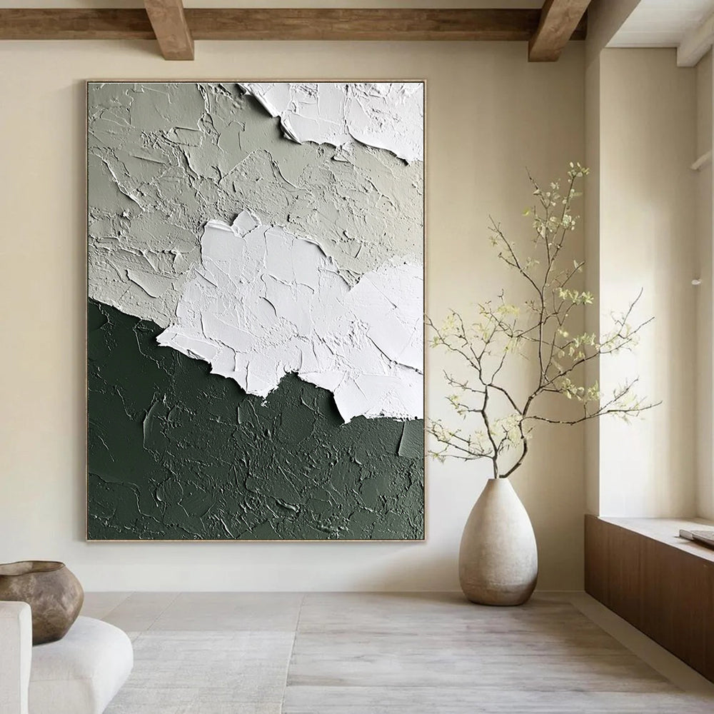 Abstract wall art in a white and sage green palette featuring a textured paint finish for a contemporary and elegant aesthetic.STSC132