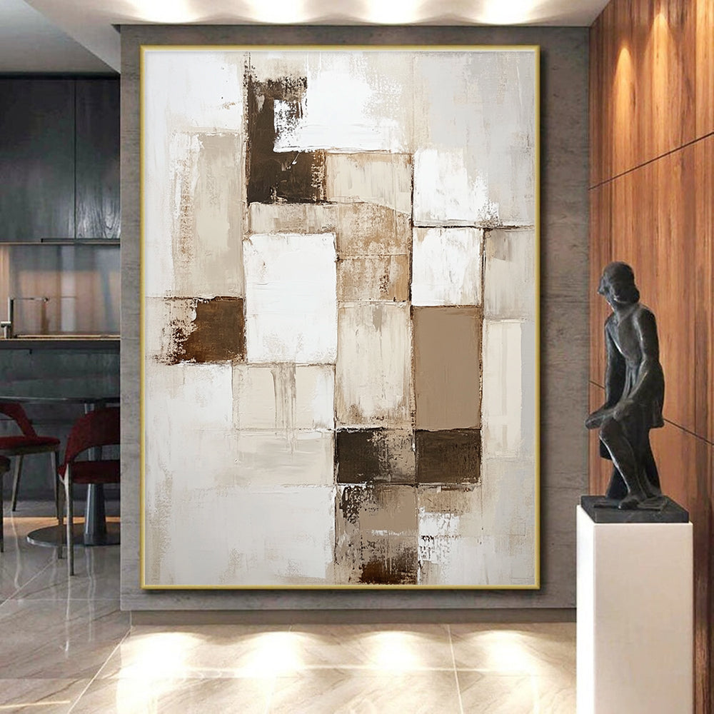 Beige Brown and White Abstract Painting with Patchwork Textures GER635