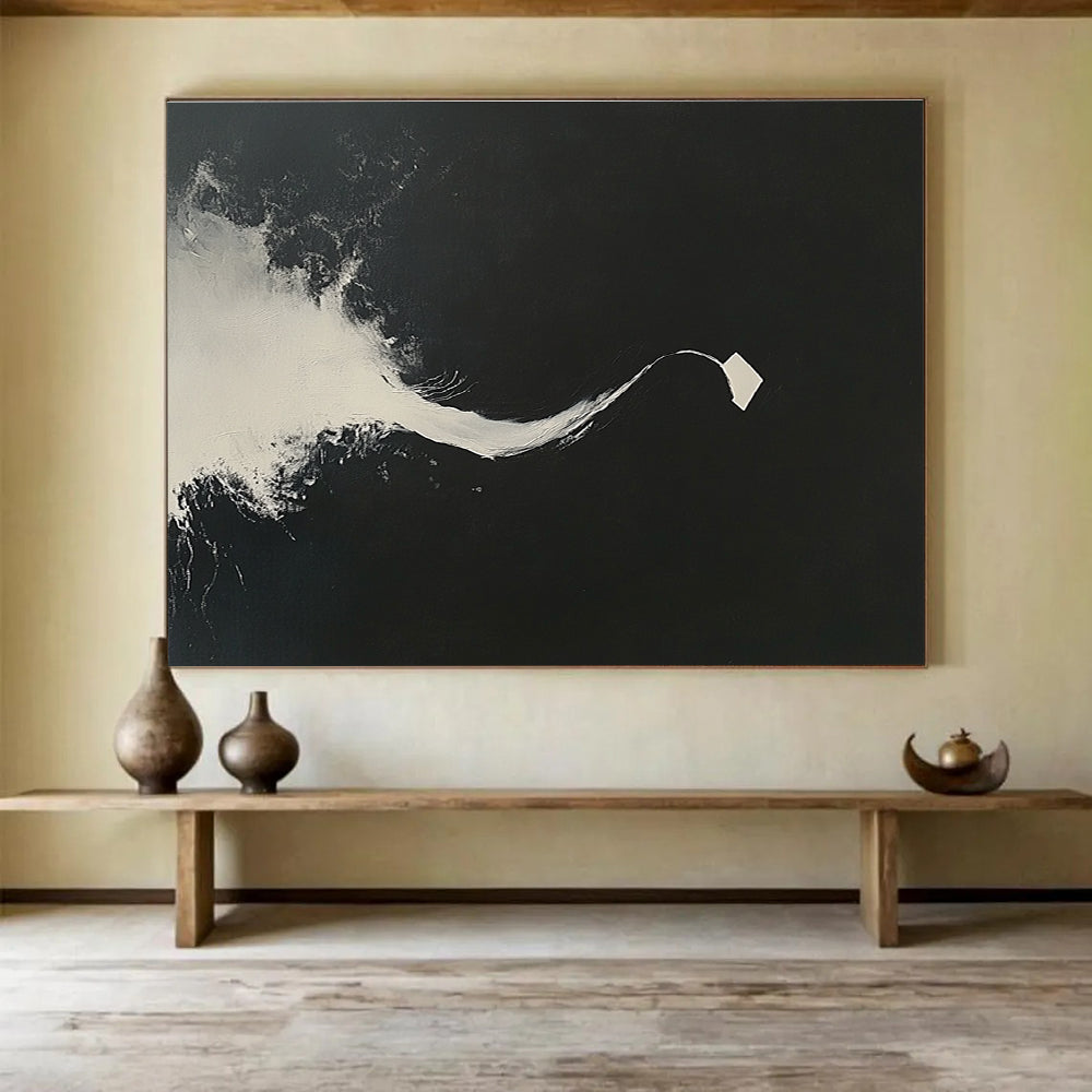 Large abstract painting features white brush strokes on a black background highlighting a curved line and a single floating paper piece.SC096