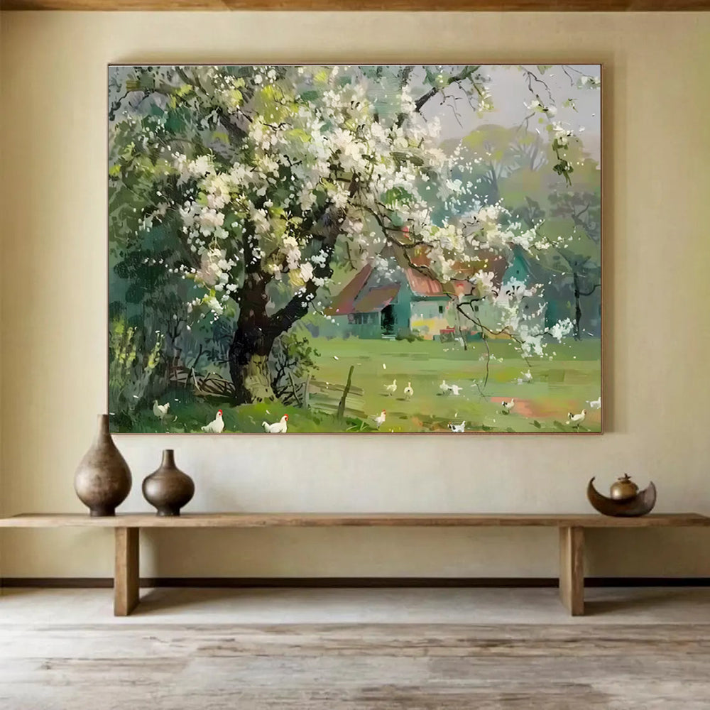 Spring Farmhouse Abstract Painting with White, Green, and Blue Tones THY215