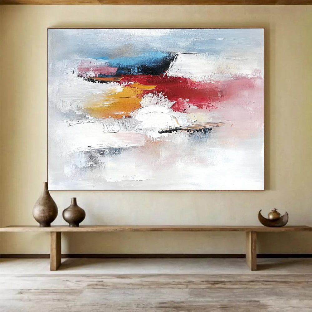 Large abstract painting featuring a serene ice landscape with white light blue hints of red and pink soft brush strokes and textured details.SC157