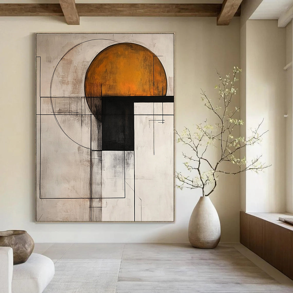 Large abstract painting with light gray background featuring dark amber and white geometric shapes and a harmonious color scheme in modern art style.STSC239