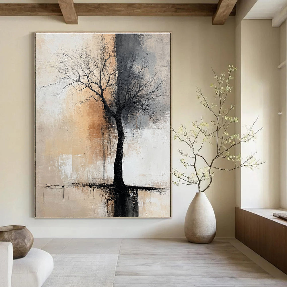 Large abstract painting featuring neutral colors in muted gray and beige tones, perfect for elevating any modern space.STSC492
