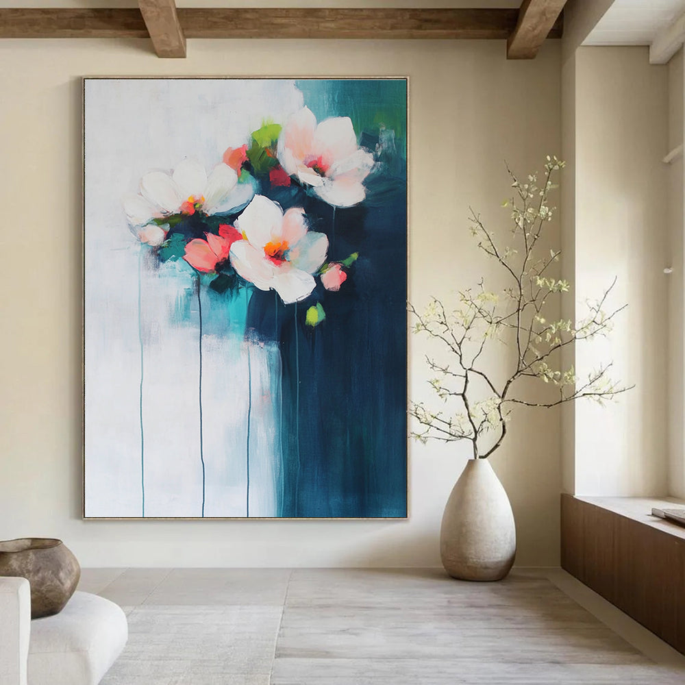 Large abstract painting of flowers in light blue and pink on a white background with dark teal brushstrokes creating an atmospheric effect.STSC679
