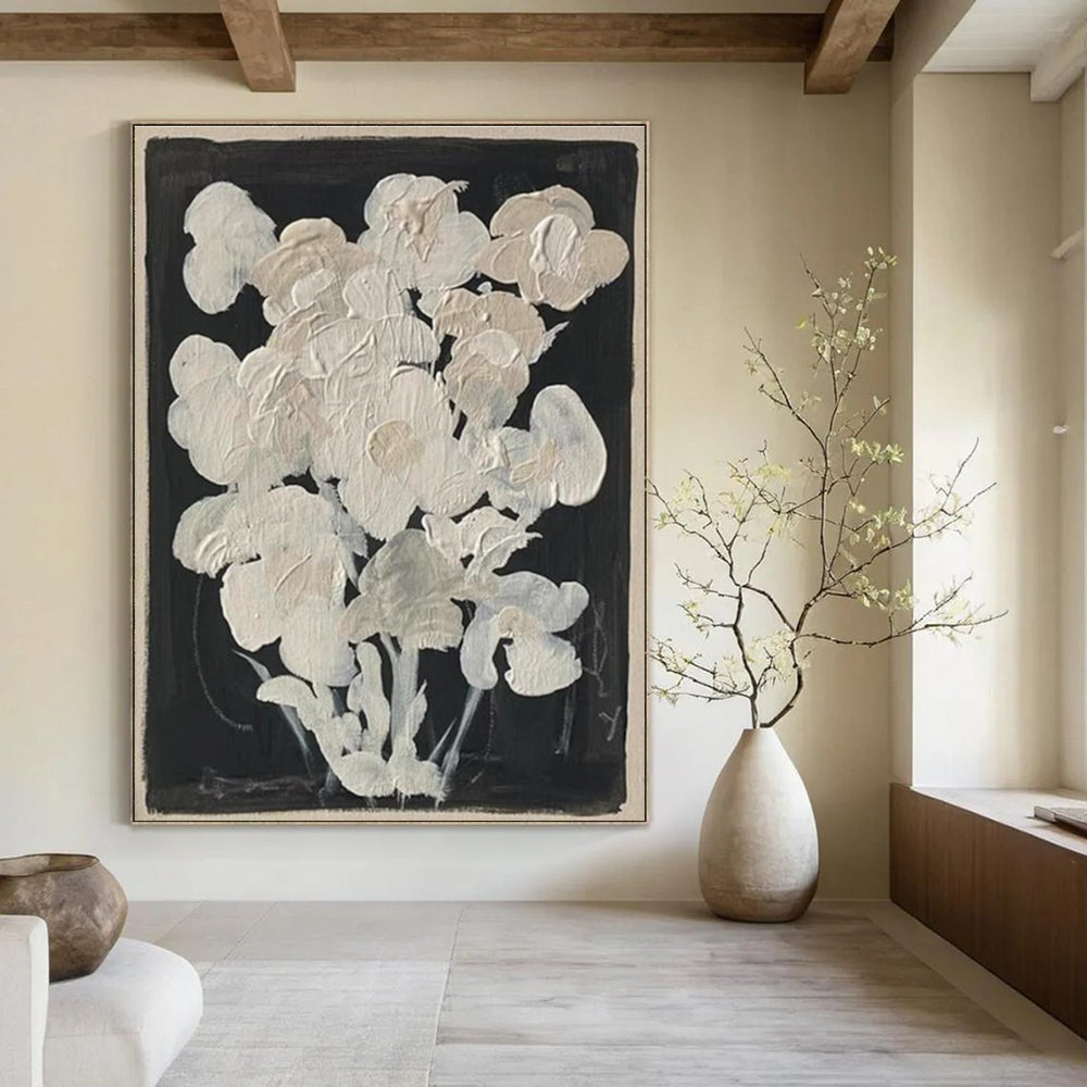 White Flowers on Black Background Abstract Floral Painting ADGE140