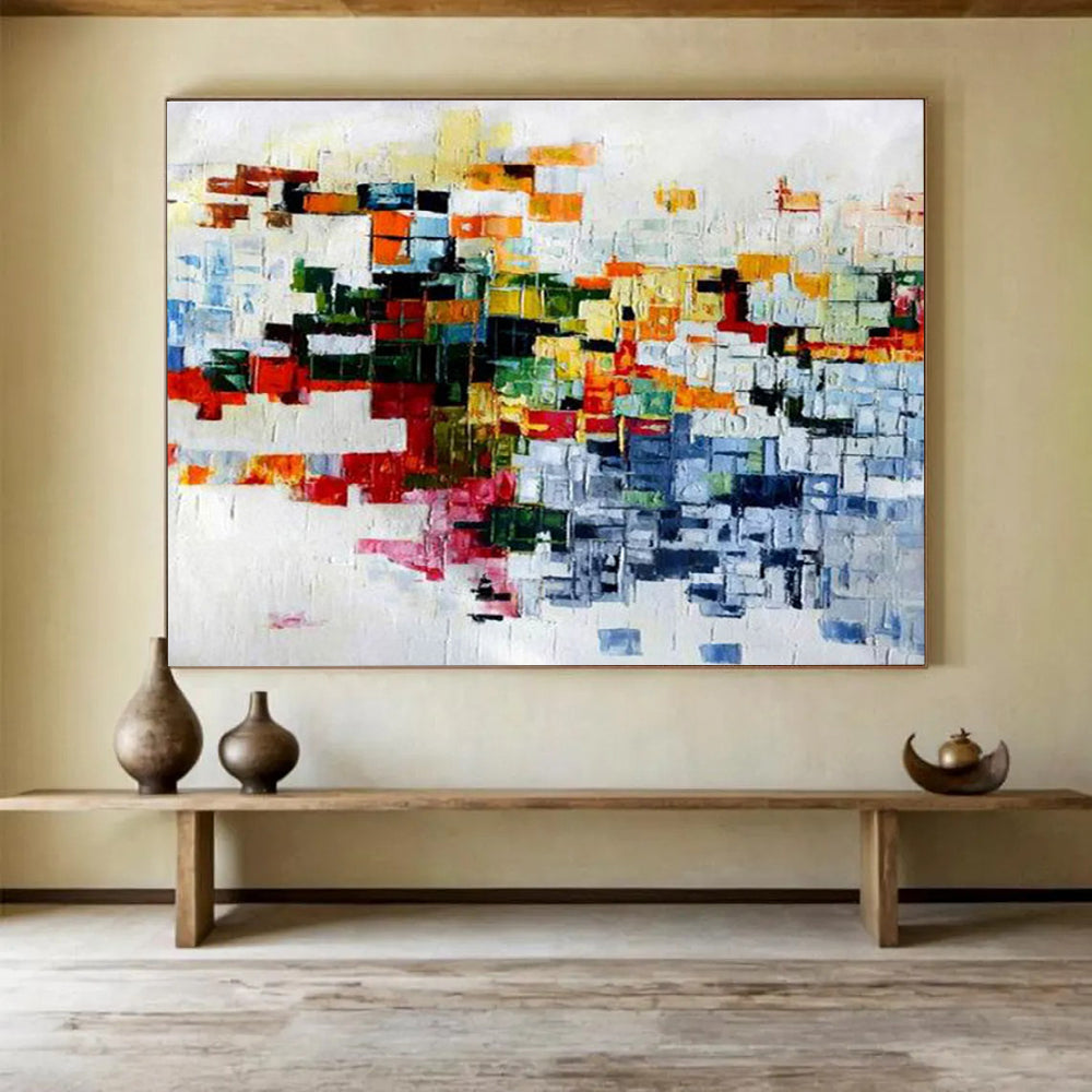 Colorful Pixel - Like Abstract Painting with Patchwork Shades THY286