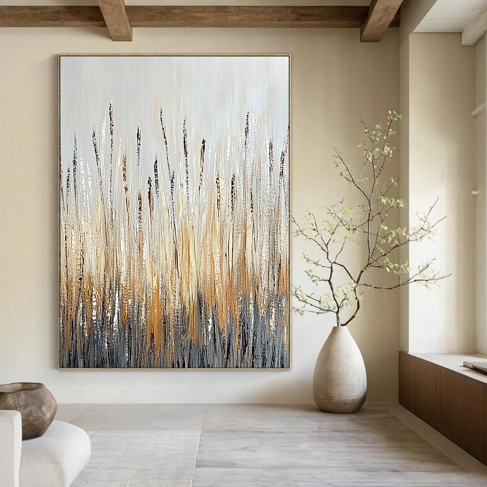 Large abstract painting of tall grass in earthy tones with textured brushstrokes and water droplets against a neutral gray background evoking nature's tranquility.STSC337
