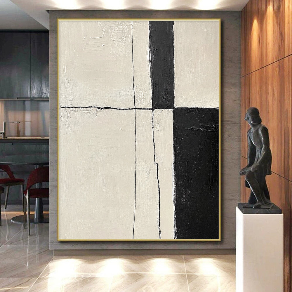Black and White Geometric Abstract Painting with Cracked Edges GER178