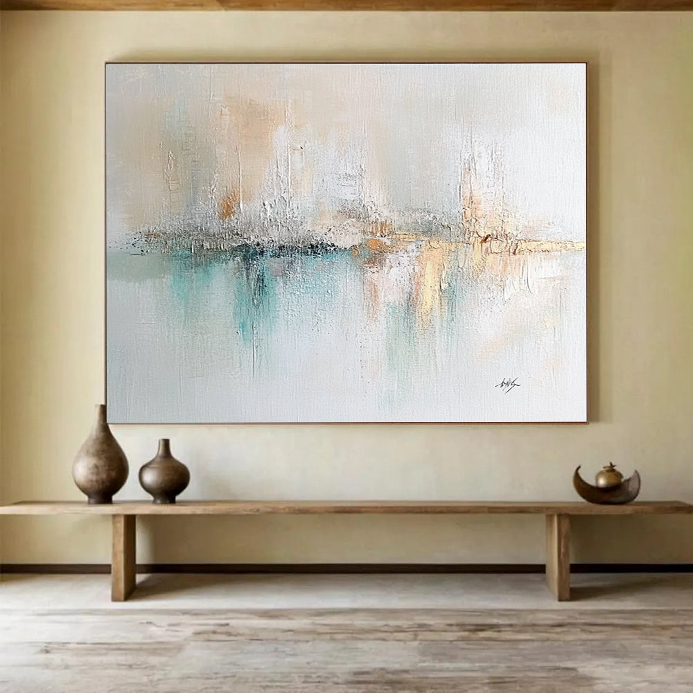 Large abstract painting on textured canvas featuring soft pastels cream mint green muted blue and hints of gold with impressionist brushwork.SC208