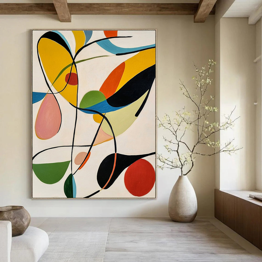 Large abstract painting featuring colorful organic shapes and bold black lines against a white background inspired by Matisse's style.STSC1315