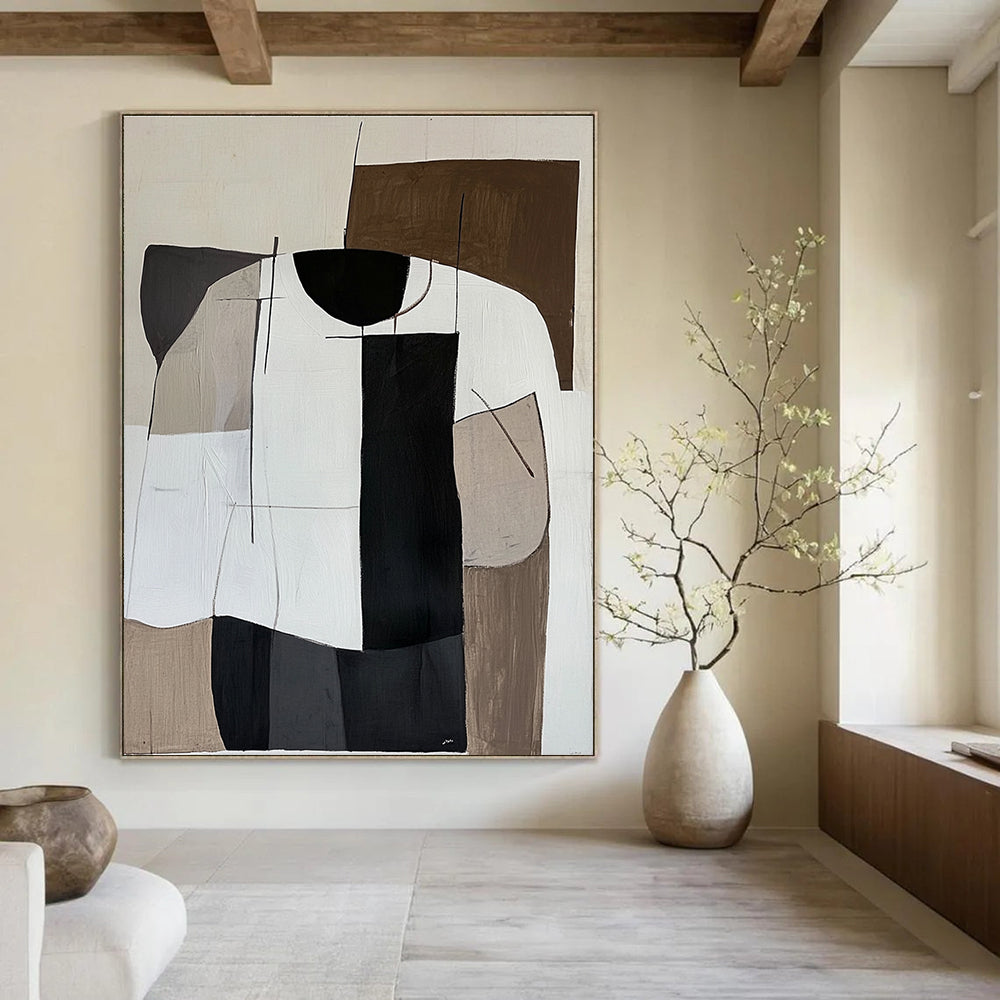 Abstract Painting in Minimalistic Cubism Style featuring Brown Palette and Striped White Shirt on a White Background.STSC1107