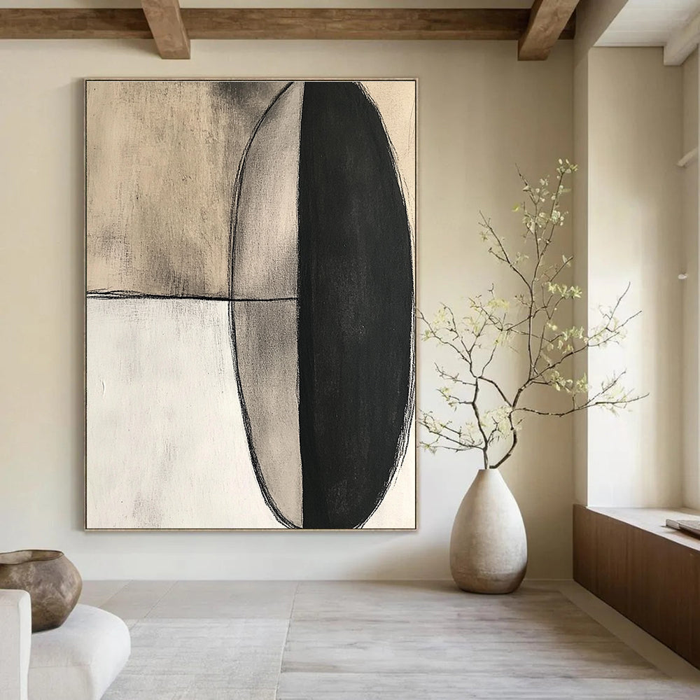 Large abstract painting featuring an oval shape in black ink and charcoal on textured cream canvas with a modern minimalistic style.STSC663