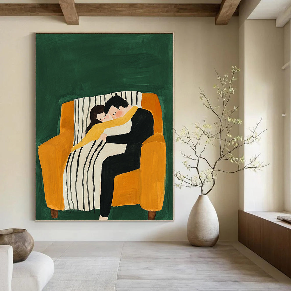 An abstract gouache illustration featuring a couple cuddling on an armchair with a striped blanket against a vibrant green background.STSC1054