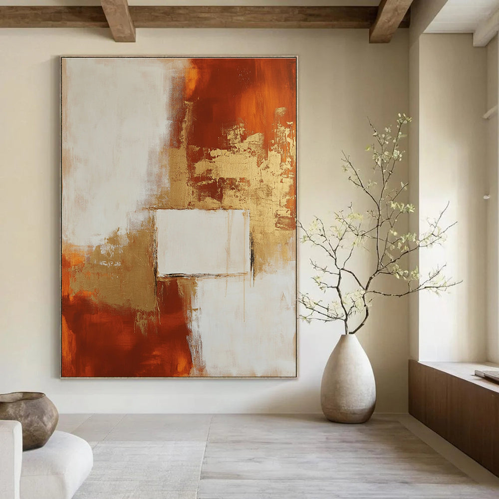 Large abstract painting in minimalist style featuring beige and rust colors with elegant gold accents for a modern aesthetic.STSC244